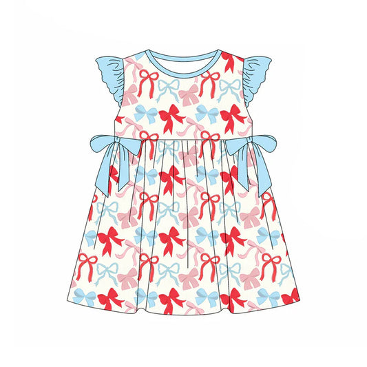 Preorder (moq 5)Baby Girls Flutter Sleeve Blue Red Bows Plaid 4th of July Knee Length Dresses 12.29