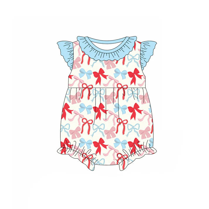 Preorder (moq 5)Baby Girls Flutter Sleeve Red Blue Bows Plaid 4th of July Ruffle Rompers 12.29
