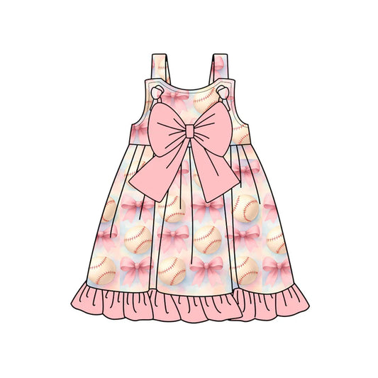 Preorder (moq 5)Baby Girls Pink Strap Bows Baseballs Team Ruffle Knee Length Dresses 12.29
