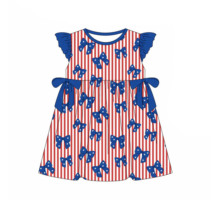 Preorder (moq 5)Baby Girls Flutter Sleeve Red Stripe Star Bows 4th of July Knee Length Dresses 12.29