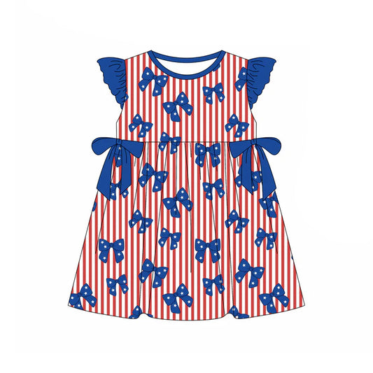 Preorder (moq 5)Baby Girls Flutter Sleeve Red Stripe Star Bows 4th of July Knee Length Dresses 12.29