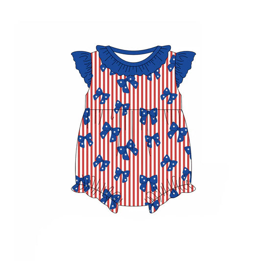 Preorder (moq 5)Baby Girls Flutter Sleeve Red Stripe Star Bows 4th of July Ruffle Rompers 12.29
