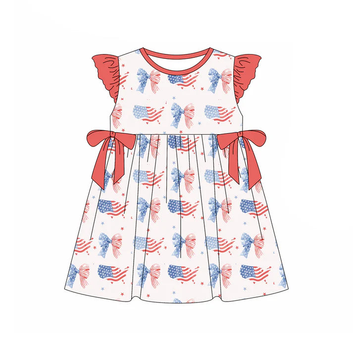Preorder (moq 5)Baby Girls Flutter Sleeve Red Blue Bows Stars 4th of July Knee Length Dresses 12.29