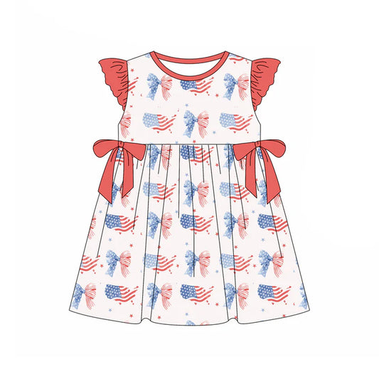 Preorder (moq 5)Baby Girls Flutter Sleeve Red Blue Bows Stars 4th of July Knee Length Dresses 12.29