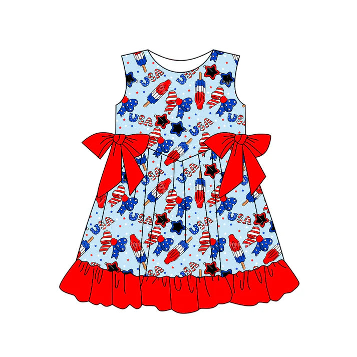 Preorder (moq 5)Baby Girls Popsicle Bows USA 4th of July Ruffle Knee Length Dresses 12.29