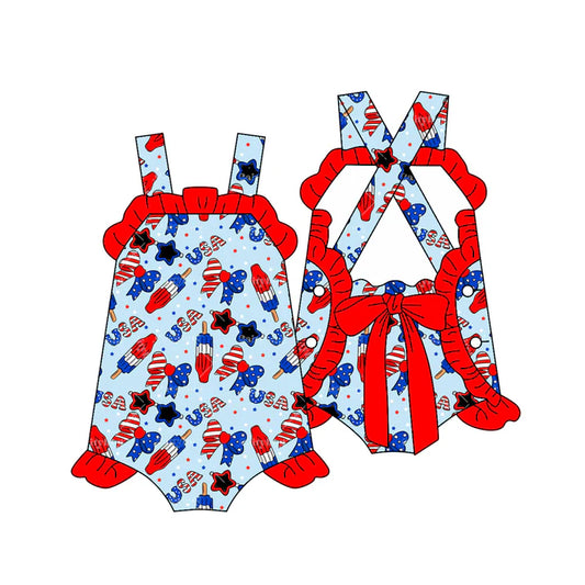 Preorder (moq 5)Baby Girls Strap Popsicle USA Back to School 4th of July Ruffle Rompers 12.29