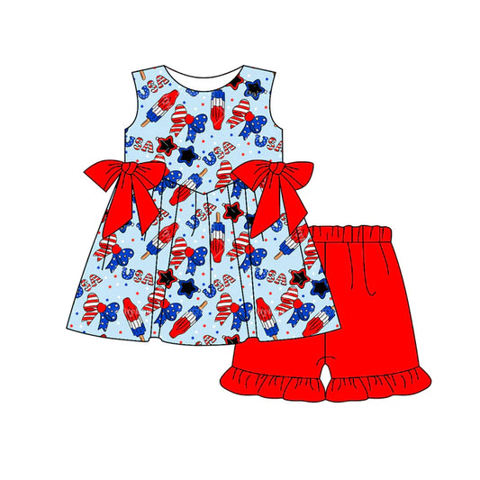 Preorder (moq 5)Baby Girls Popsicle Bows USA Tunic Ruffle Shorts 4th of July Clothes Set 12.29