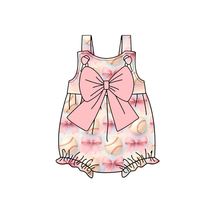Preorder (moq 5)Baby Girls Pink Strap Bows Baseballs Team Ruffle Rompers 12.29