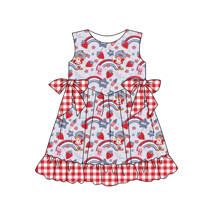 Preorder (moq 5)Baby Girls Strawberry Rainbows 4th of July Ruffle Knee Length Dresses 12.29