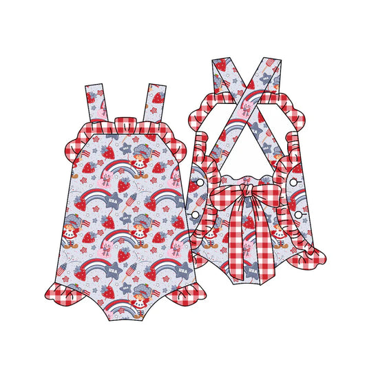 Preorder (moq 5)Baby Girls Strap Rainbows Strawberry Back Bows 4th of July Ruffle Rompers 12.29