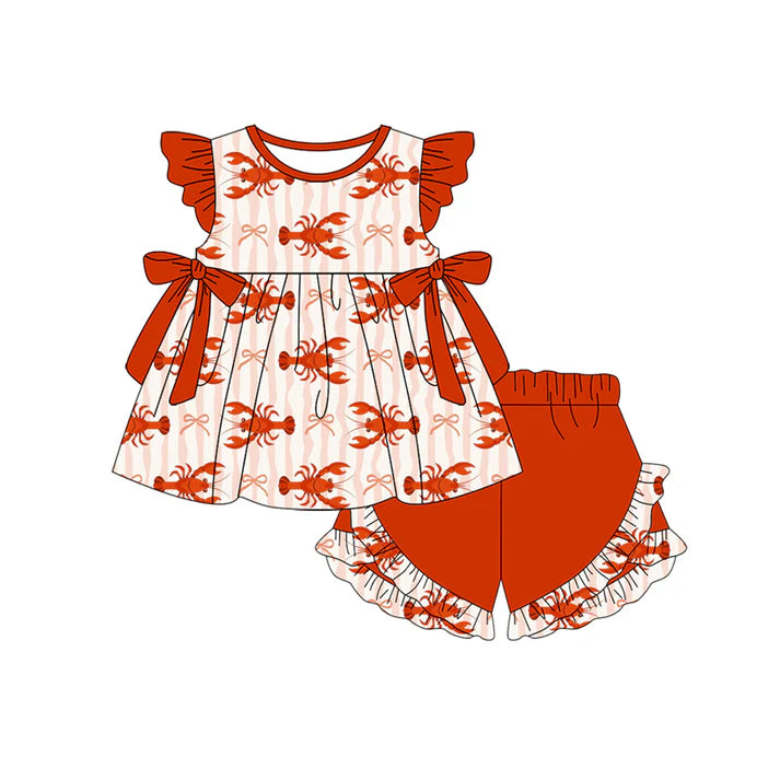 Preorder (moq 5)Baby Girls Bows Crayfishes Stripe Tunic Ruffle Shorts Clothes Set 12.31
