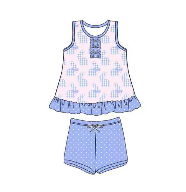 Preorder (moq 5)Baby Girls Checked Rabbits Button Tunic Polka Dots Shorts Easter Clothes Set 12.4