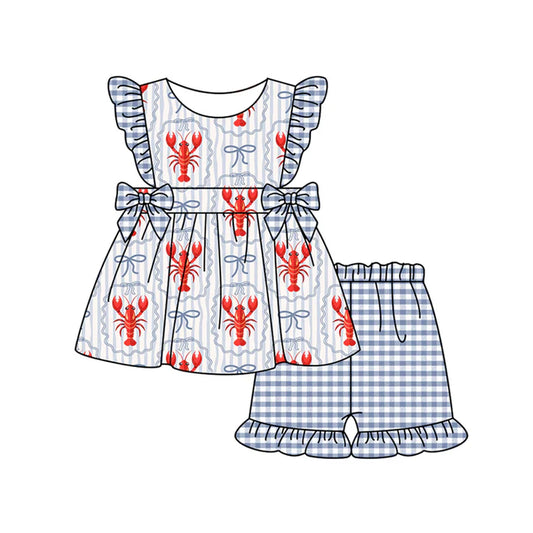 Preorder (moq 5)Baby Girls Blue Bows Crayfishes Tunic Checked Ruffle Shorts Clothes Set 12.31