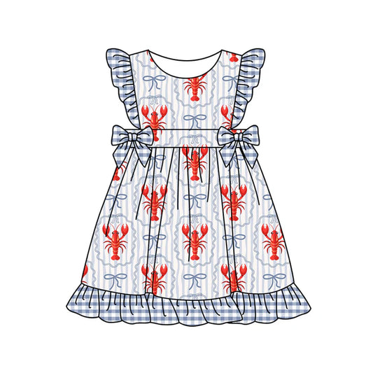 Preorder (moq 5)Baby Girls Blue Bows Crayfishes Ruffle Knee Length Dresses 12.31