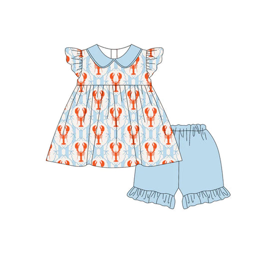 Preorder (moq 5)Baby Girls Bows Crayfishes Checked Collar Tunic Ruffle Shorts Clothes Set 12.31
