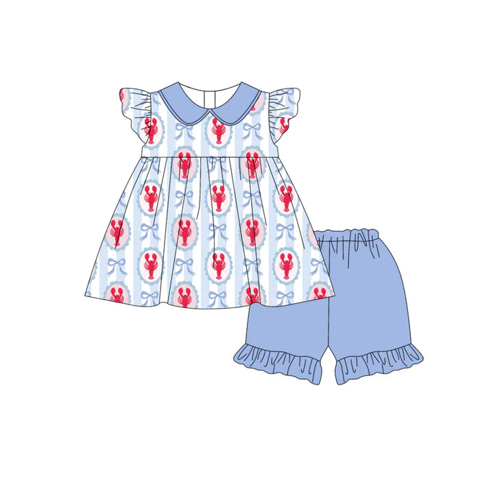 Preorder (moq 5)Baby Girls Bows Crayfishes Stripe Collar Tunic Ruffle Shorts Clothes Set 12.31