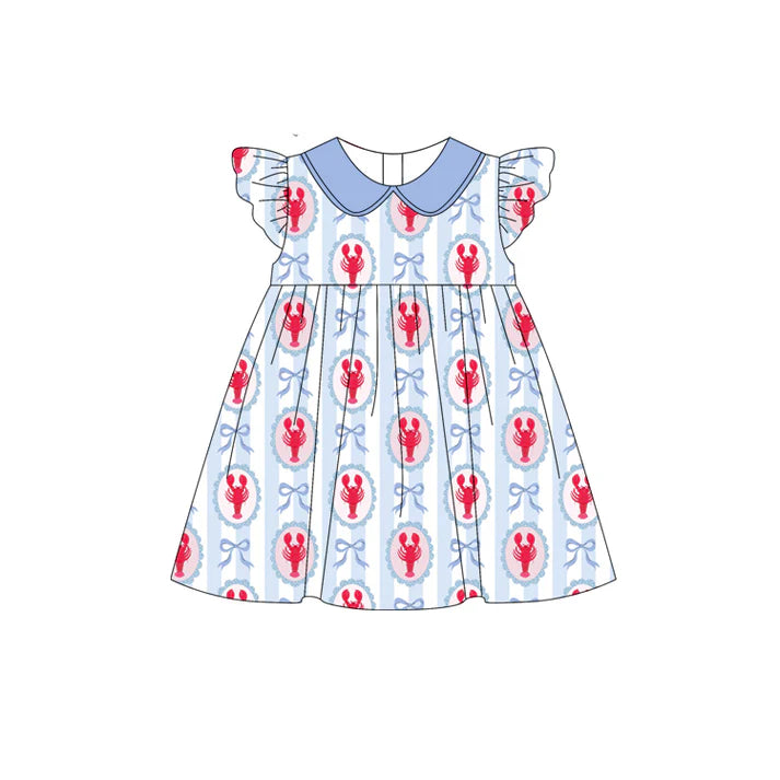 Preorder (moq 5)Baby Girls Bows Crayfishes Stripe Collar Knee Length Dresses 12.31