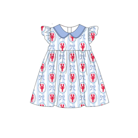 Preorder (moq 5)Baby Girls Bows Crayfishes Stripe Collar Knee Length Dresses 12.31