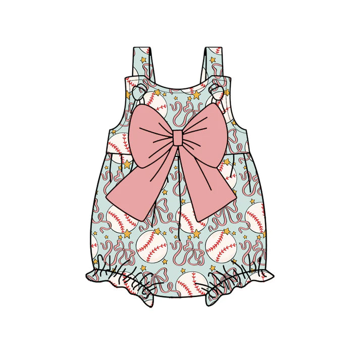 Preorder (moq 5)Baby Girls Strap Bows Baseballs Team Ruffle Rompers 12.29