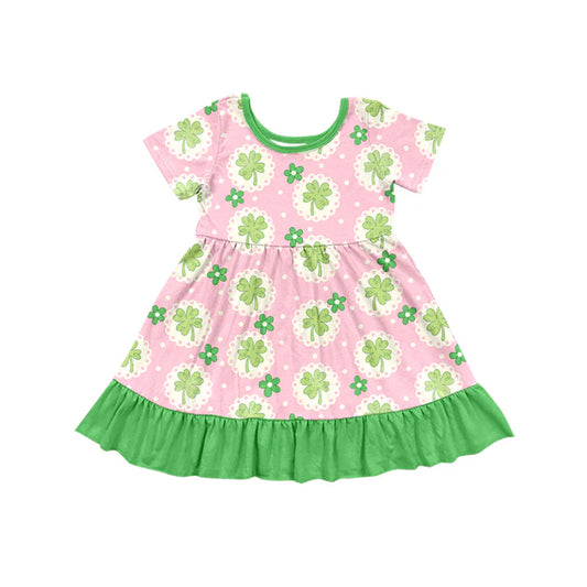 Preorder (moq 5)Baby Girls Flowers Clovers St Patrick Ruffle Knee Length Dresses 12.31