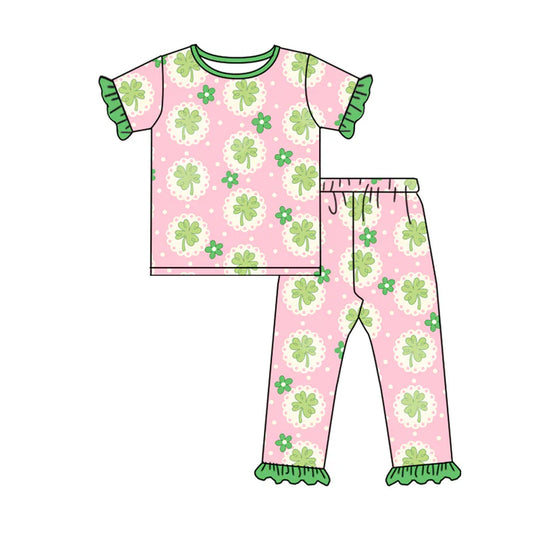 Preorder (moq 5)Baby Girls Flowers Clovers Top Ruffle Pants St Patrick Pajamas Sets 12.31