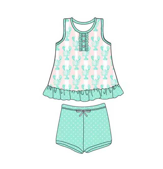 Preorder (moq 5)Baby Girls Pink Stripe Crayfishes Button Tunic Polka Dots Shorts Clothes Set 12.4