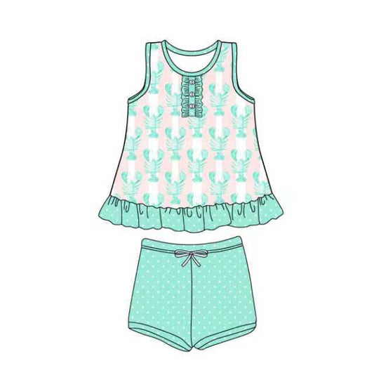 Preorder (moq 5)Baby Girls Pink Stripe Crayfishes Button Tunic Polka Dots Shorts Clothes Set 12.4