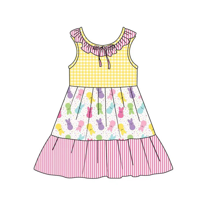 Preorder (moq 5)Baby Girls Collar Rabbits Checked Stripe Easter Patchwork Knee Length Dresses 12.4