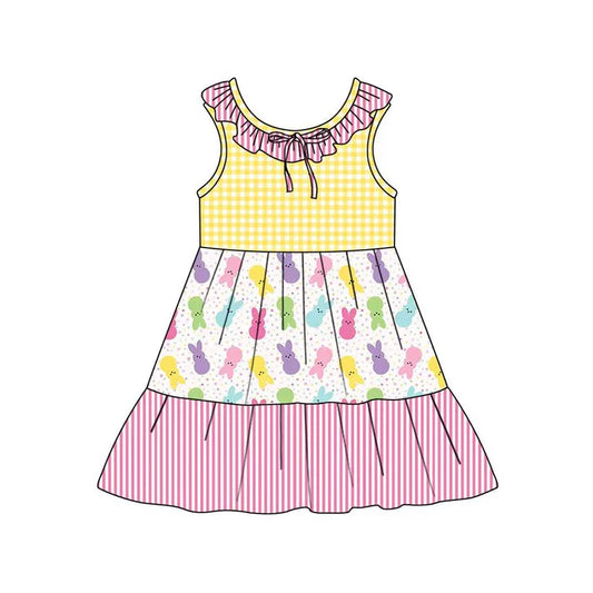 Preorder (moq 5)Baby Girls Collar Rabbits Checked Stripe Easter Patchwork Knee Length Dresses 12.4