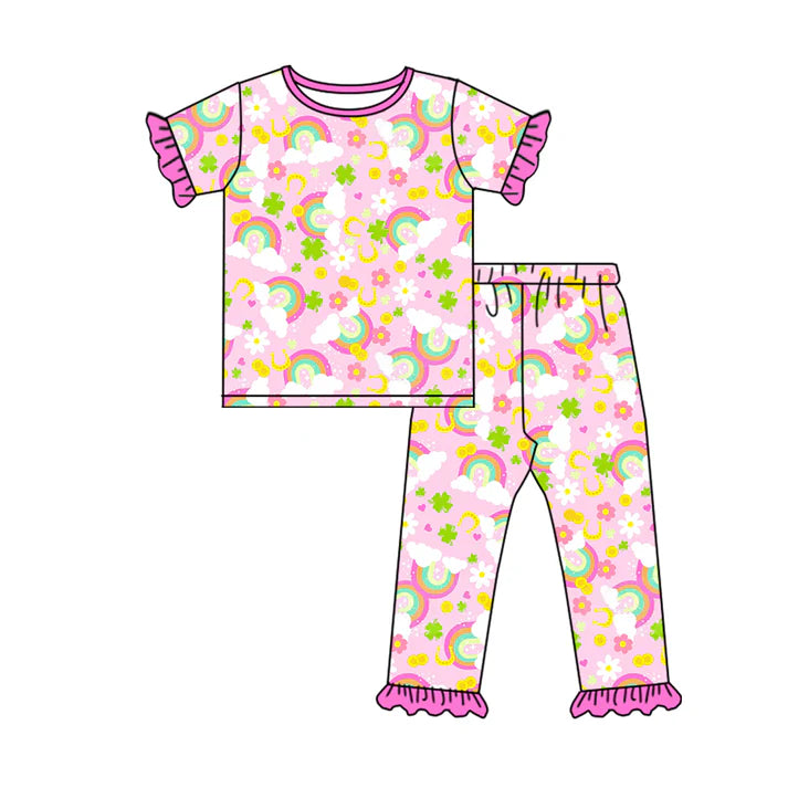 Preorder (moq 5)Baby Girls Rainbows Clovers Top Ruffle Pants St Patrick Pajamas Sets 12.31