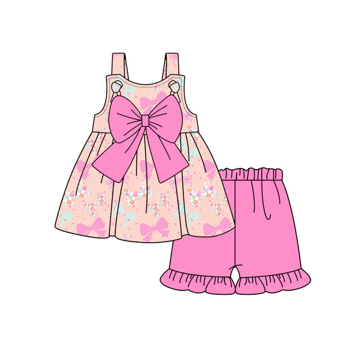 Preorder (moq 5)Baby Girls Pink Strap Flowers Bows Tunic Ruffle Shorts Clothes Set 12.29