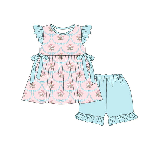 Preorder (moq 5)Baby Girls Flutter Sleeve Flowers Bows Checked Tunic Ruffle Shorts Clothes Set 12.30