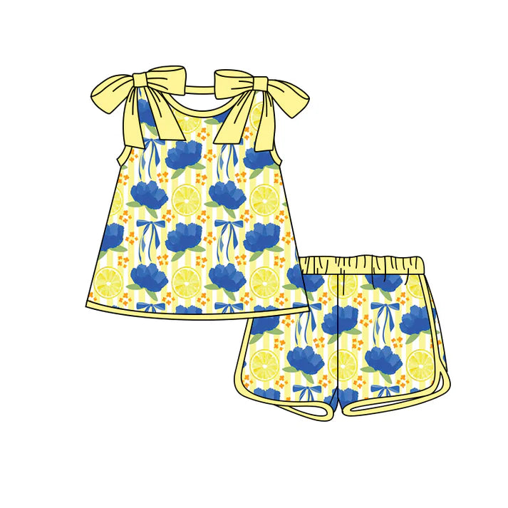 Preorder (moq 5)Baby Girls Bows Sleeveless Flowers Lemons Top Shorts Clothes Sets 12.24