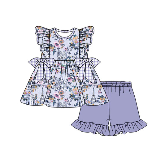 Preorder (moq 5)Baby Girls Flutter Sleeve Flowers Bows Tunic Ruffle Shorts Clothes Set 12.30