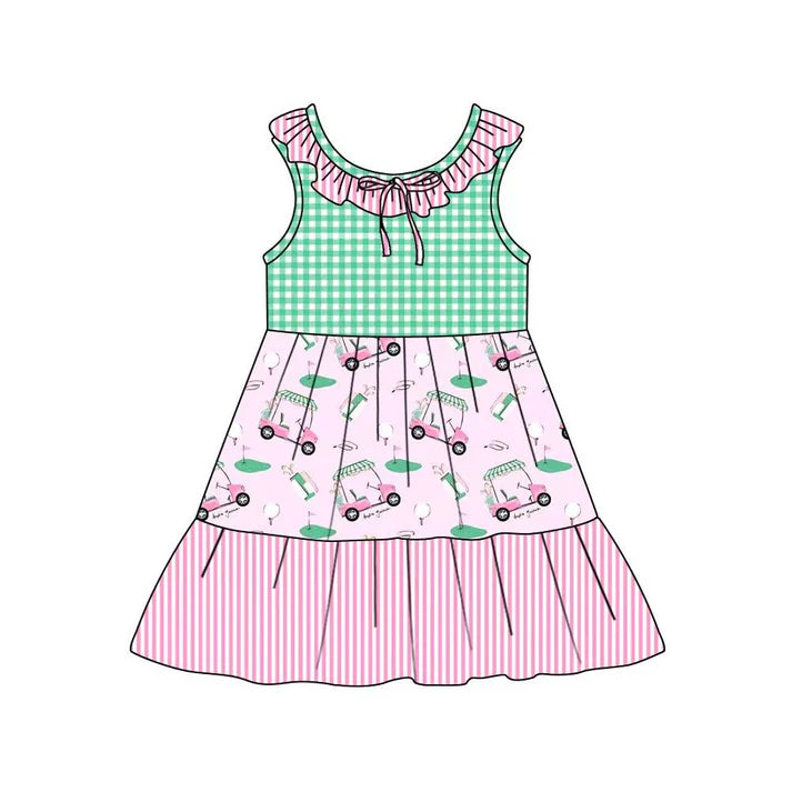 Preorder (moq 5)Baby Girls Collar Golf Flags Checked Stripe Patchwork Knee Length Dresses 12.4