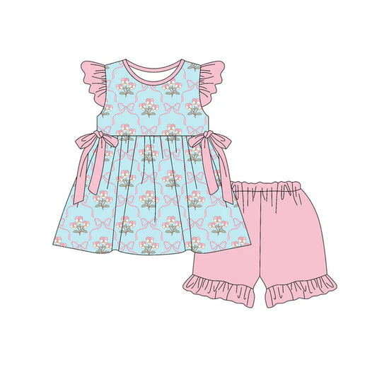 Preorder (moq 5)Baby Girls Flutter Sleeve Flowers Bows Checked Tunic Ruffle Shorts Clothes Set 12.30