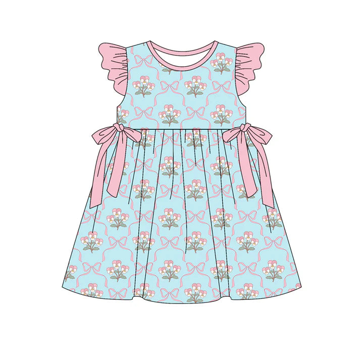 Preorder (moq 5)Baby Girls Flutter Sleeve Flowers Bows Checked Knee Length Dresses 12.30