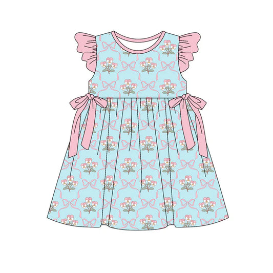 Preorder (moq 5)Baby Girls Flutter Sleeve Flowers Bows Checked Knee Length Dresses 12.30