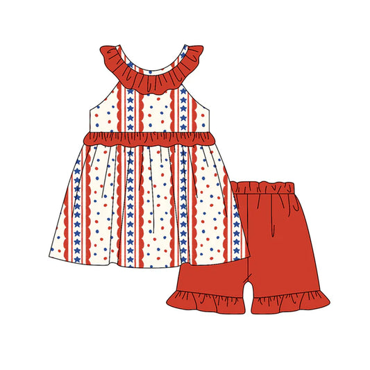 Preorder (moq 5)Baby Girls Stars Stripe Collar Tunic Ruffle Shorts 4th of July Clothes Set 12.29
