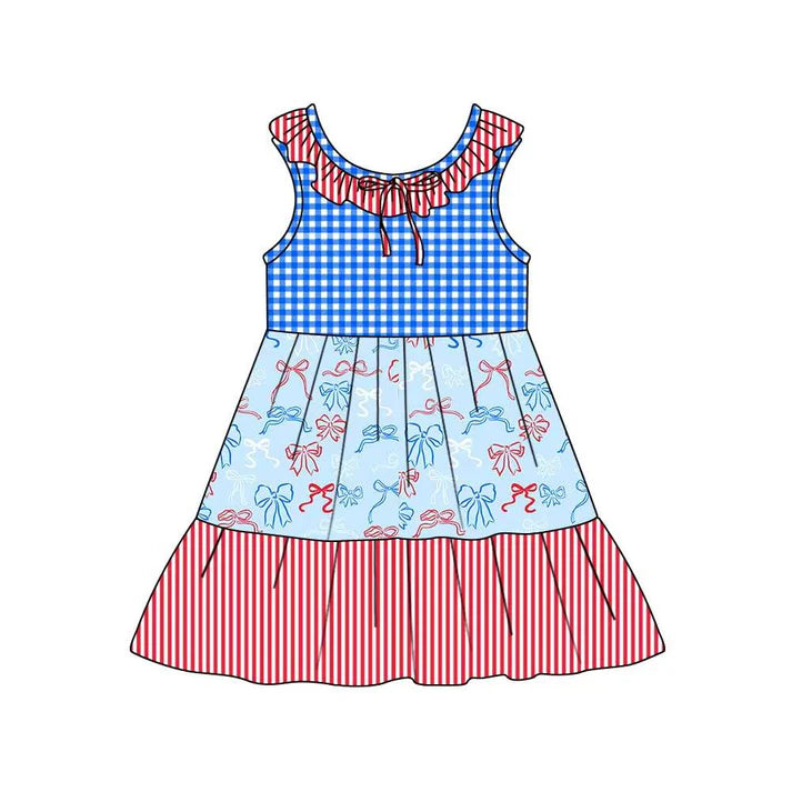 Preorder (moq 5)Baby Girls Red Blue Bows Checked Stripe 4th of July Patchwork Knee Length Dresses 12.4