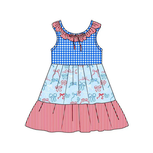 Preorder (moq 5)Baby Girls Red Blue Bows Checked Stripe 4th of July Patchwork Knee Length Dresses 12.4