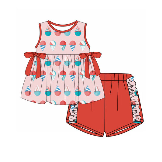 Preorder (moq 5)Baby Girls Sleeveless Ice Cream Bows Tunic Ruffle Shorts Clothes Set 12.30