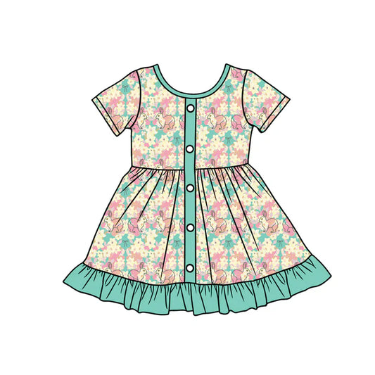 Preorder (moq 5)Baby Girls Flowers Rabbits Button Easter Ruffle Knee Length Dresses 12.24