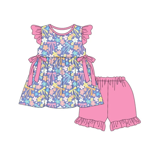 Preorder (moq 5)Baby Girls Flutter Sleeve Flowers Bows Checked Tunic Ruffle Shorts Clothes Set 12.30