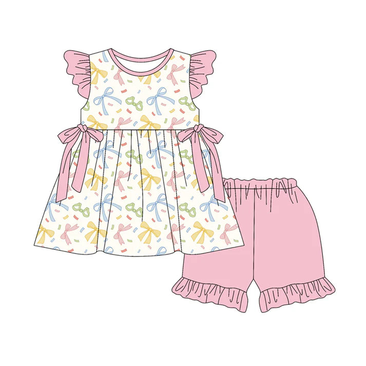 Preorder (moq 5)Baby Girls Flutter Sleeve Colorful Bows Tunic Ruffle Shorts Clothes Set 12.30