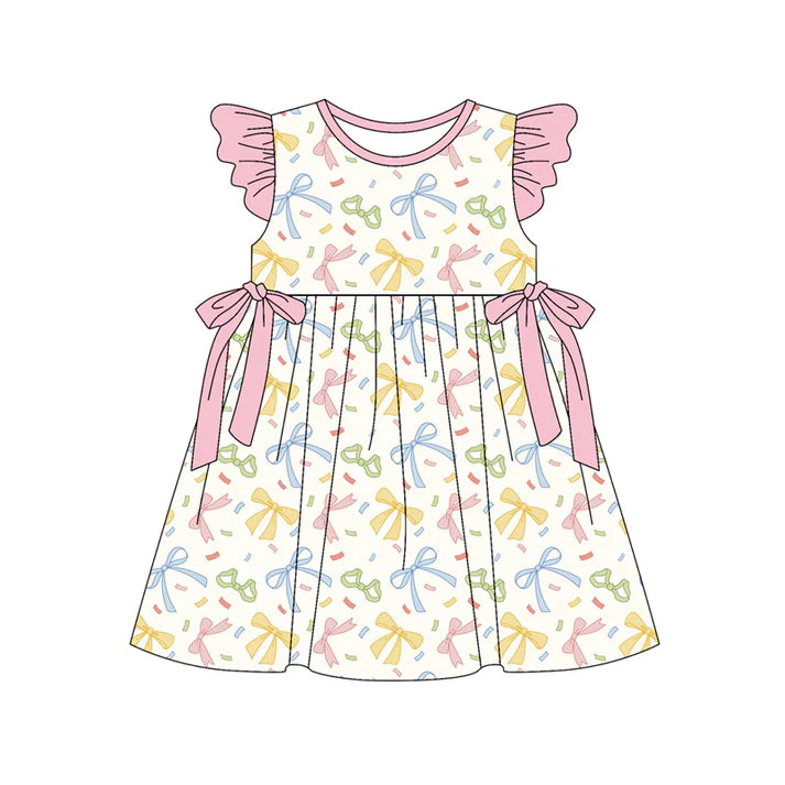 Preorder (moq 5)Baby Girls Flutter Sleeve Colorful Bows Knee Length Dresses 12.30