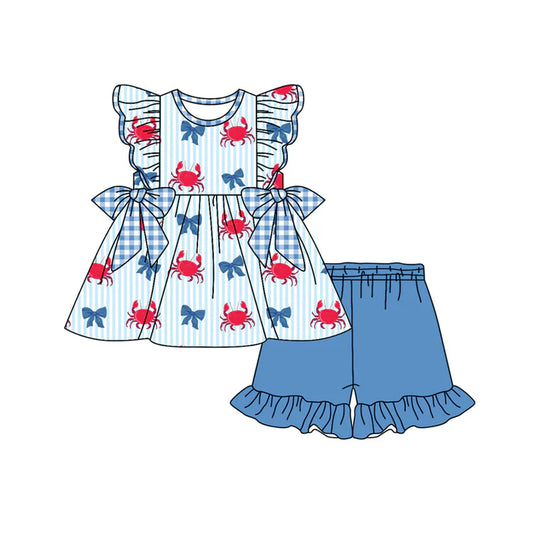 Preorder (moq 5)Baby Girls Crabs Bows Stripe Tunic Ruffle Shorts 4th of July Clothes Set 12.30