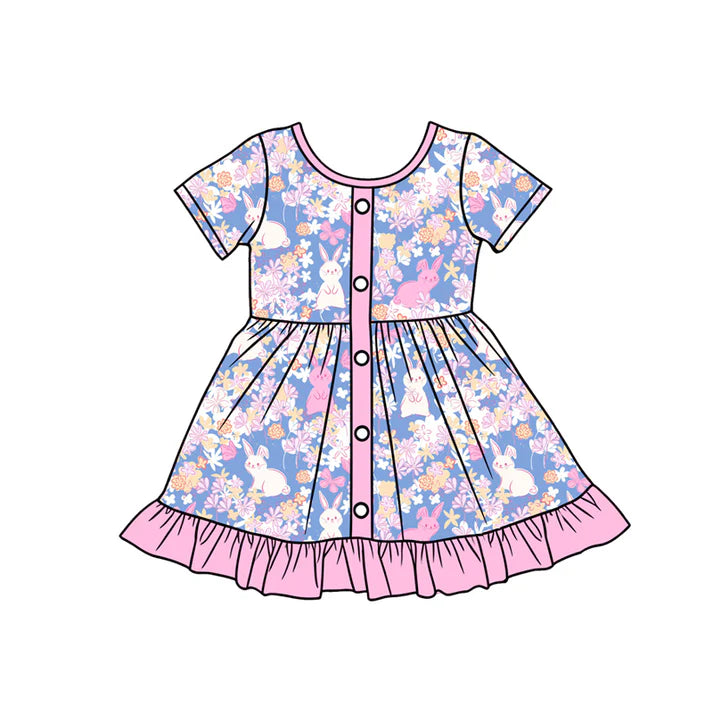 Preorder (moq 5)Baby Girls Flowers Rabbits Button Easter Ruffle Knee Length Dresses 12.24