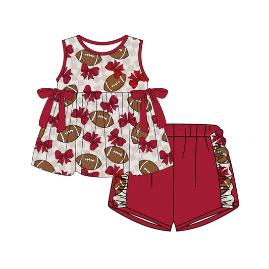 Preorder (moq 5)Baby Girls Bows Footballs Checked Tunic Ruffle Shorts Team Clothes Set 12.30