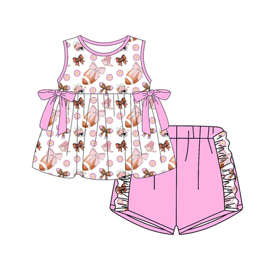 Preorder (moq 5)Baby Girls Flower Footballs Bows Tunic Ruffle Shorts Team Clothes Set 12.30